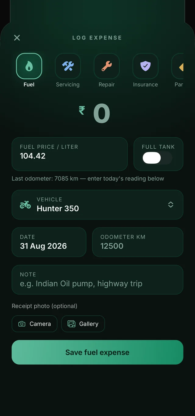 TrueKM log-expense screen with fuel selected, the pump price prefilled at ₹104.42 per litre, a full-tank toggle and a receipt photo option
